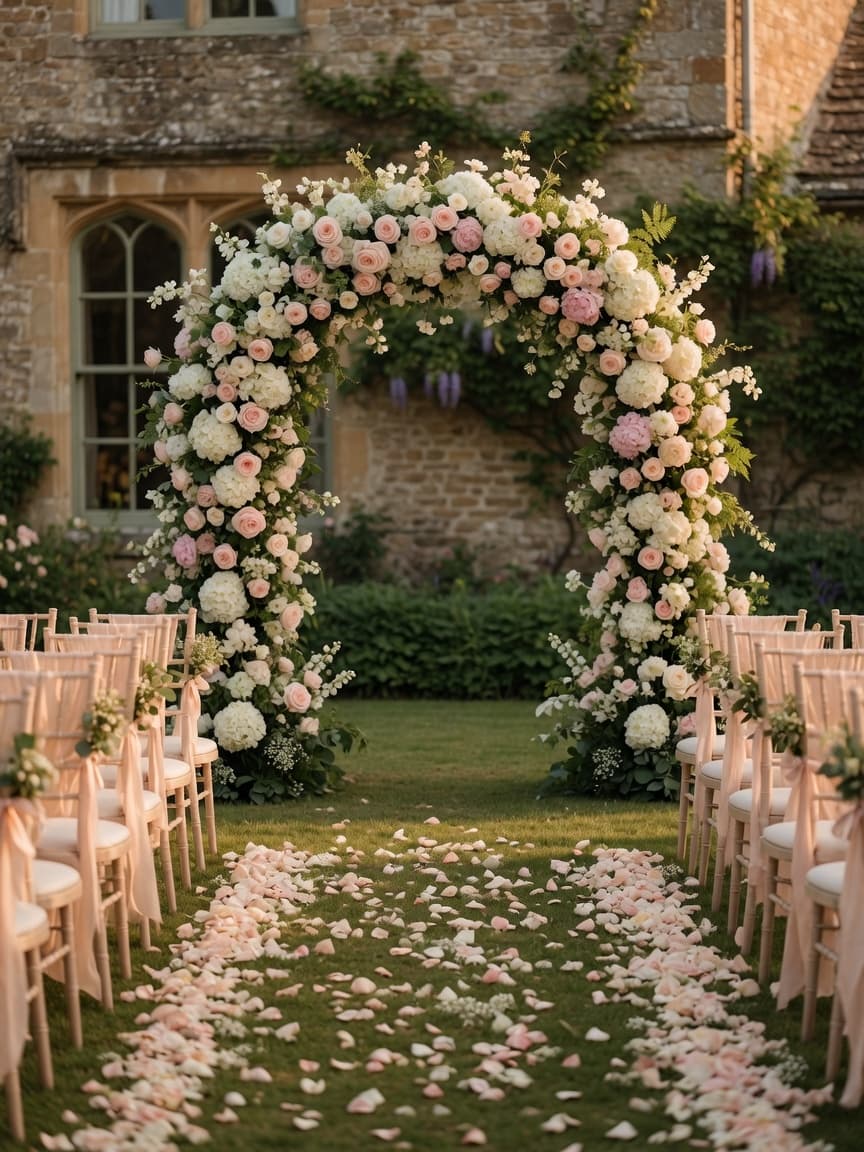 A floral arch at the end of a petal-strewn aisle, the Cotswold gardens golden behind, at Ashcombe House
