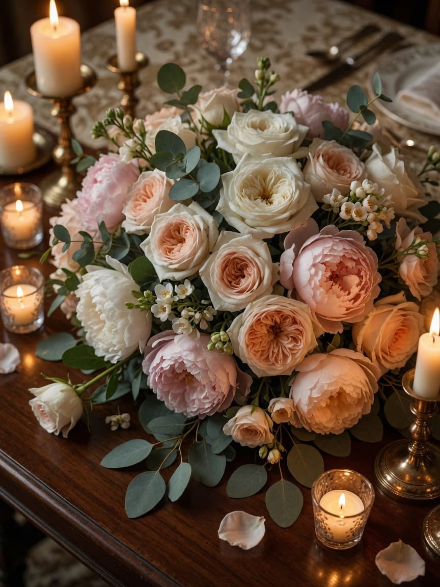 Lavish white-and-blush arrangements — garden roses, peonies and eucalyptus, by candlelight.