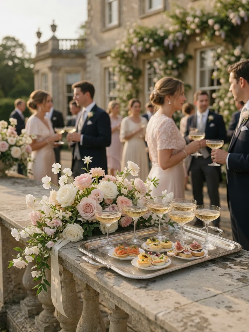 Champagne on the terrace, canapés and golden-hour light — the celebration finding its feet.