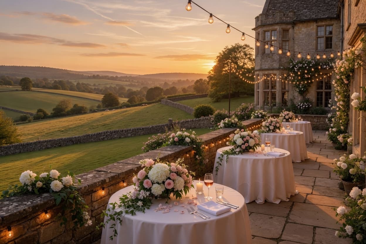 A stone terrace overlooking the countryside — for receptions, sundowners and quiet moments away from the party.